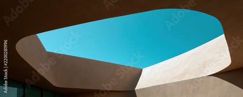 Abstract contemporary architectural interior oculus with sky view for modern architecture background and design poster with organic curves