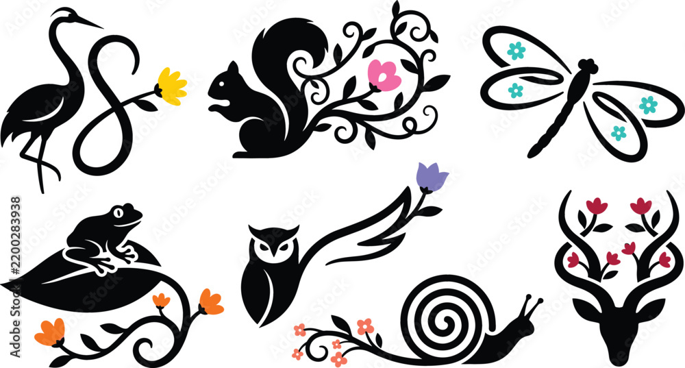Obraz premium Elegant Minimalist Floral Nature Emblem Set with Crane Squirrel Dragonfly Frog Owl Snail and Deer Swirl Silhouette Logo Designs for Wellness Branding