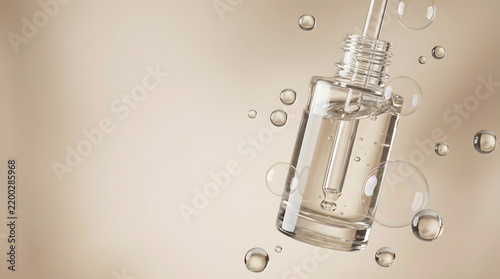 Clear Glass Skincare Dropper Bottle with Floating Liquid Bubbles for Organic Beauty and Hydration Serum Concept
