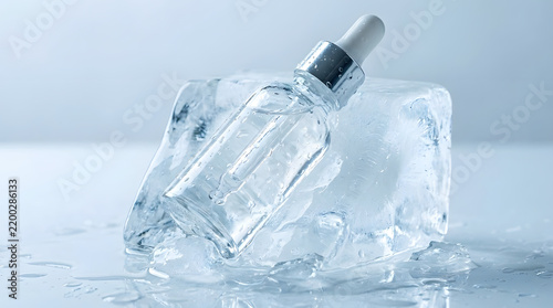 Refreshing beauty serum bottle nestled on a melting ice cube, embodying a cool and revitalizing skincare experience