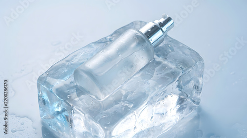 Refreshing Cosmetic Spray Bottle Frozen in Clear Ice Block for Cooling Skincare Concept