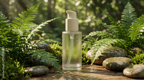 Natural cosmetic bottle surrounded by lush green fern leaves, moss, and wet river stones in a serene forest setting