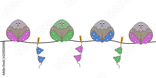 Funny hand drawn Pigeon with plump breast and colorful bra on the rope. Vector illustration of cute japanese Bird with big eyes isolated white background. Perfect child room decor.  EPS 10