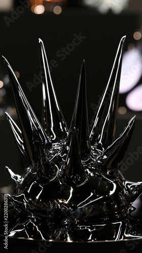 Black glossy spikes emerging from reflective surface studio