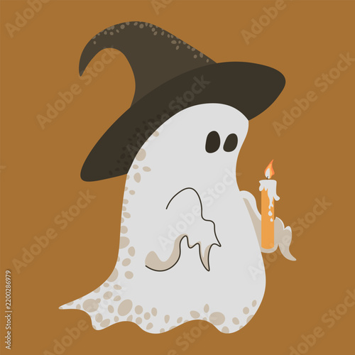 Cute ghost wearing a witch hat and holding a lit candle on orange. Ideal for cozy Halloween stickers, spooky party decor, and festive greeting cards.