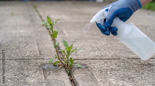 Person in blue gloves spraying a weed with a spray bottle on concrete pavement