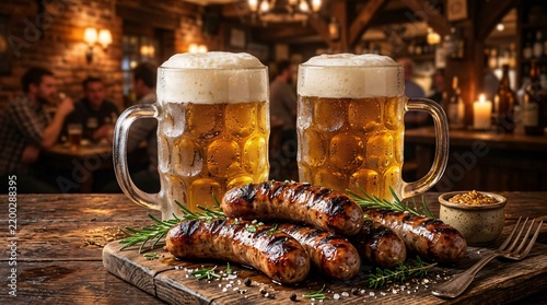 Frosty glass mugs of golden craft beer with thick foam sit behind charred bratwurst sausages in warm amber light, in fine detail.