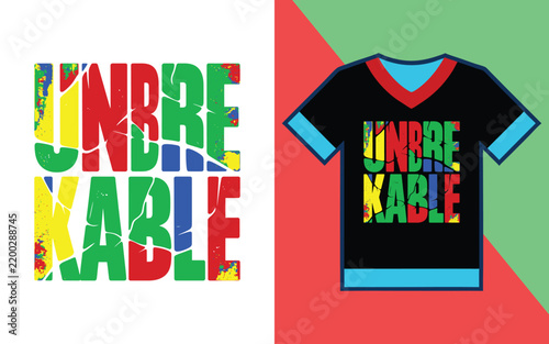 Unbreakable typography print with cracked texture effect on a black v-neck t-shirt featuring multicolored letters