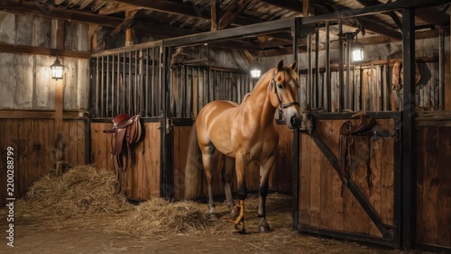 Palomino Horse Standing in Stalls with Hay and Tack, Warm Lighting Creates Rustic Farm Stable Atmosphere