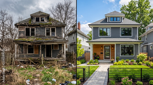 Before-and-after comparison of a neglected house and a renovated modern home, illustrating property transformation and the concept of home insurance protection, security, and financial coverage.