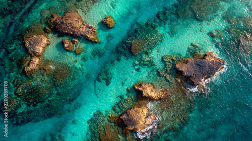 Stunning aerial view of clear turquoise water with scattered rocky islands and coral formations