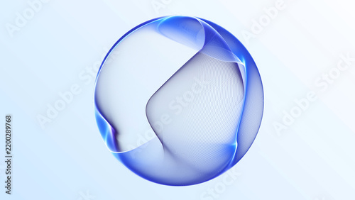Blue translucent mesh sphere with layered flowing surfaces on a bright minimal background, ideal for technology and corporate design.