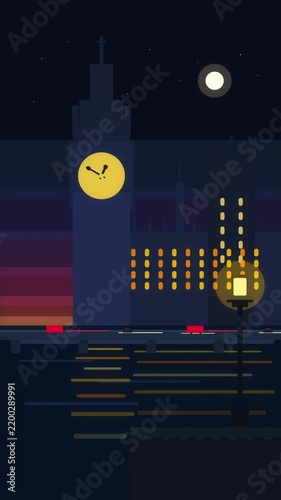 Pixel art animation of a city skyline with a clock tower and street lamp at night, reflected in water