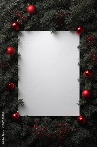Blank Paper Surrounded by Green Pine Leaves and Red Ornaments