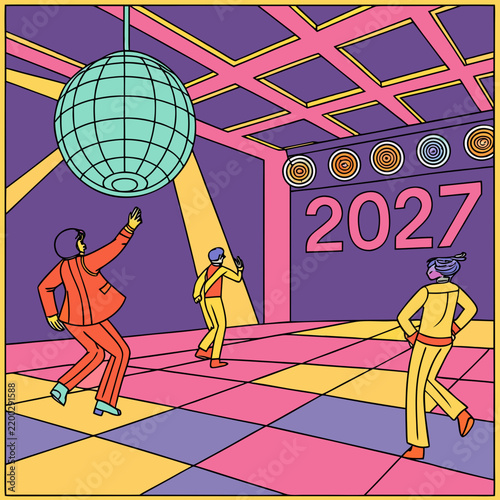 2027 New Year Disco Ball Party Vector
