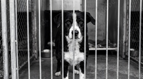 A black and white dog stands inside a shelter cage looking through the bars with a hopeful expression. The shelter has minimal furnishings and a bowl nearby