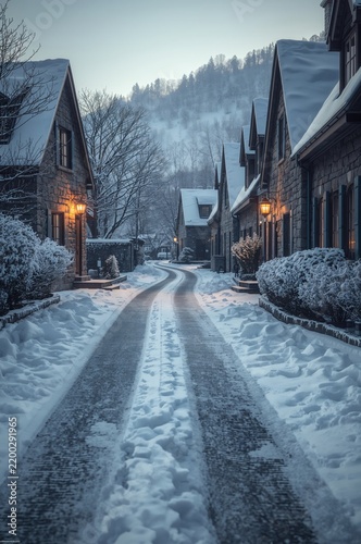 Winter Scene in a Snow-Covered Village With Street Lamps and Quiet Homes