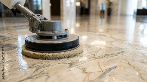 A floor polishing machine is in action on a marble floor in a lobby area. The machine cleans and shines the surface, creating a bright space during the process