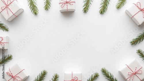 Gift Boxes and Pine Branches Arranged on a White Surface for a Festive Decora...