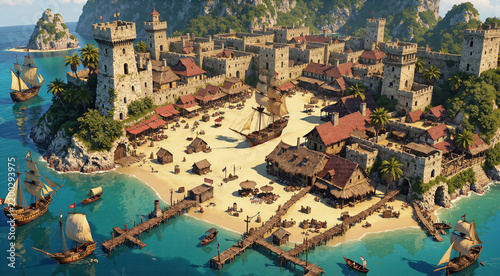 Isometric Coastal Pirate Village and Harbor Bay Game Map
