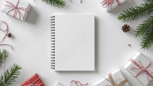 Blank Notebook Surrounded by Christmas Gifts and Pine Branches on White Backg...