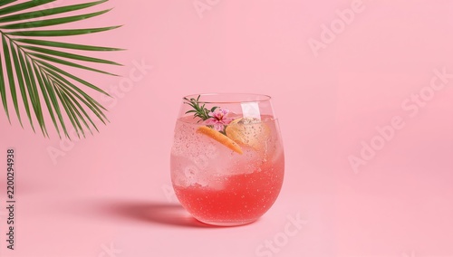 Bright Drink With Ice and Fruit on Pink Background