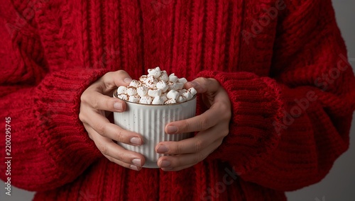 Warm Hands Hold a Bowl of Popcorn While Wearing a Bright Red Sweater