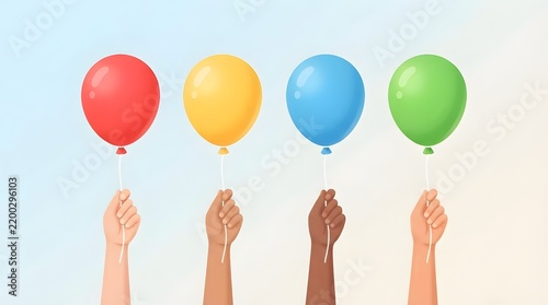 Colorful balloons held by diverse hands in unity