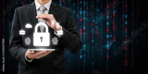 Cyber security data protection concept photo. Businessman protecting padlock icon with digital binary code background. Information safety and privacy.