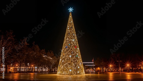 Christmas Tree Covered in Lights in a Public Square at Night
