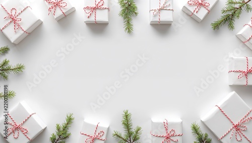 Wrapped Gifts and Pine Branches Arranged on a Light Background for the Holida...