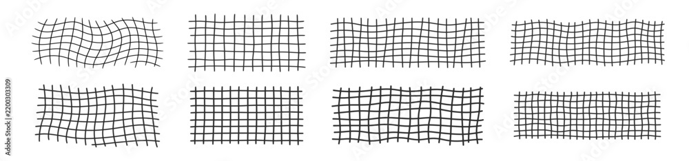 Fototapeta premium Grid and mesh pattern icon set with straight and distorted rectangular lattice structures in thin black line style