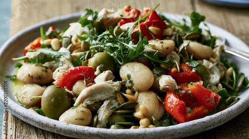 An appetizing salad with tuna, arugula, olives, sun‑dried tomatoes, potatoes, and pumpkin seeds.