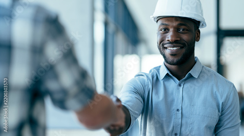 A smiling construction worker in a hard hat is shaking hands with a business partner against the backdrop of a modern office.