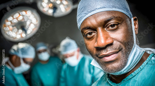 A portrait of a surgeon in a sterile operating room, shot in close‑up against the backdrop of the medical team and surgical lights.