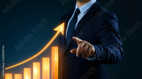 A business man presses the glowing growth arrow, symbolizing business development and achieving financial success.