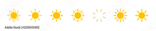 Bright yellow sun icons and weather symbols collection with different ray styles, forecast and sunshine vector illustration