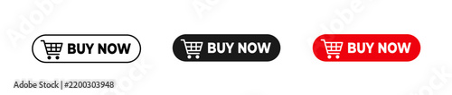 Buy now button icon set with shopping cart symbol in outline black and red styles for ecommerce and online shopping vector illustration