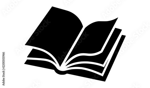 Black silhouette icon of an open book with pages turning isolated on transparent background