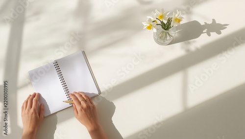 Writing in a Notebook With a Flower Vase on a Table in Soft Sunlight