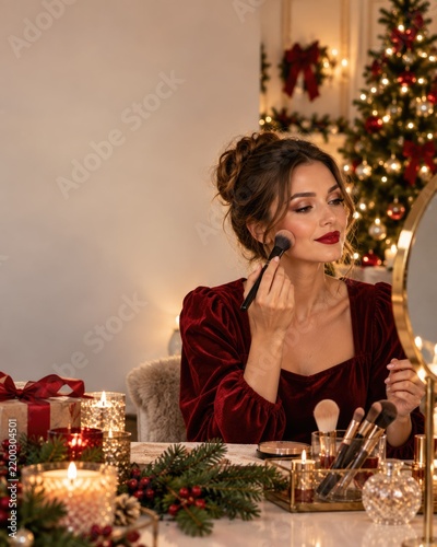 Woman Applying Makeup at Christmas Vanity