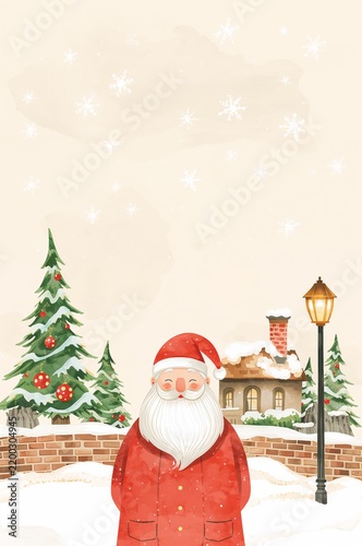 Santa Standing in Front of a Snow-Covered House During Winter With Trees and ...