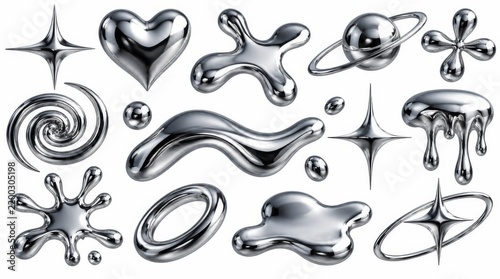 A collection of various abstract chrome liquid metal shapes and reflective 3D geometric elements.