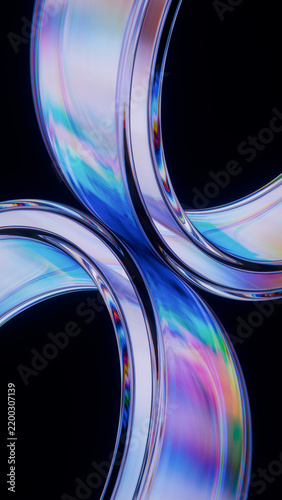 Abstract Glass Cylinders Swirl Iridescent Blue Purple Black Background 3D Render