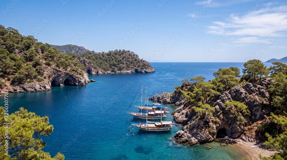 Obraz premium Marmaris Pine Coast in Muğla — a cove with gulets moored close to the rocks