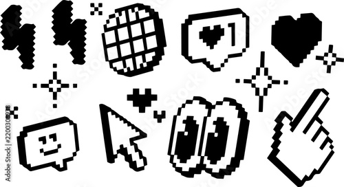 Social media and gaming pixel art icon set with like button