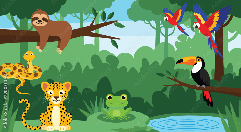 Fototapeta premium Vector illustration of a vibrant tropical rainforest environment featuring various jungle animals as the main subject in a wide view