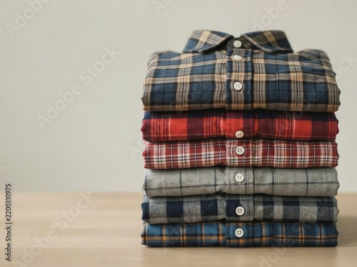 Stack of six folded plaid flannel shirts in various colors, neatly arranged on a wooden surface folded shirts
