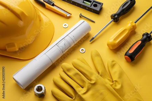 Yellow hard hat, blueprints, gloves, and tools on yellow background, construction safety