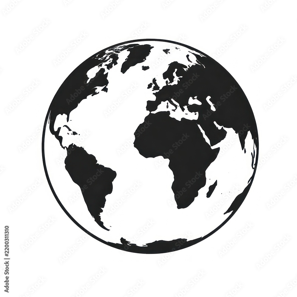 Obraz premium Black and white silhouette of Earth showing continents and oceans.